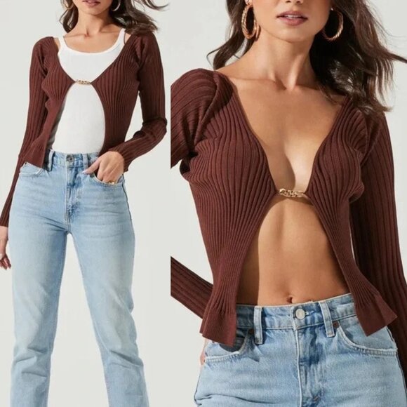 New! ASTR the Label Brown The Angelique Rib Knit Cardigan Top Small 2602 - Picture 1 of 12